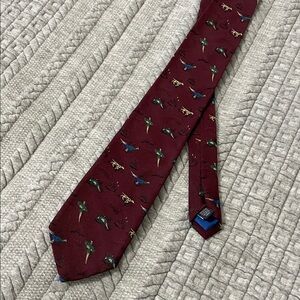 Vintage Lands’ End Silk Burgundy Tie with Bird Dog and Pheasant Pattern